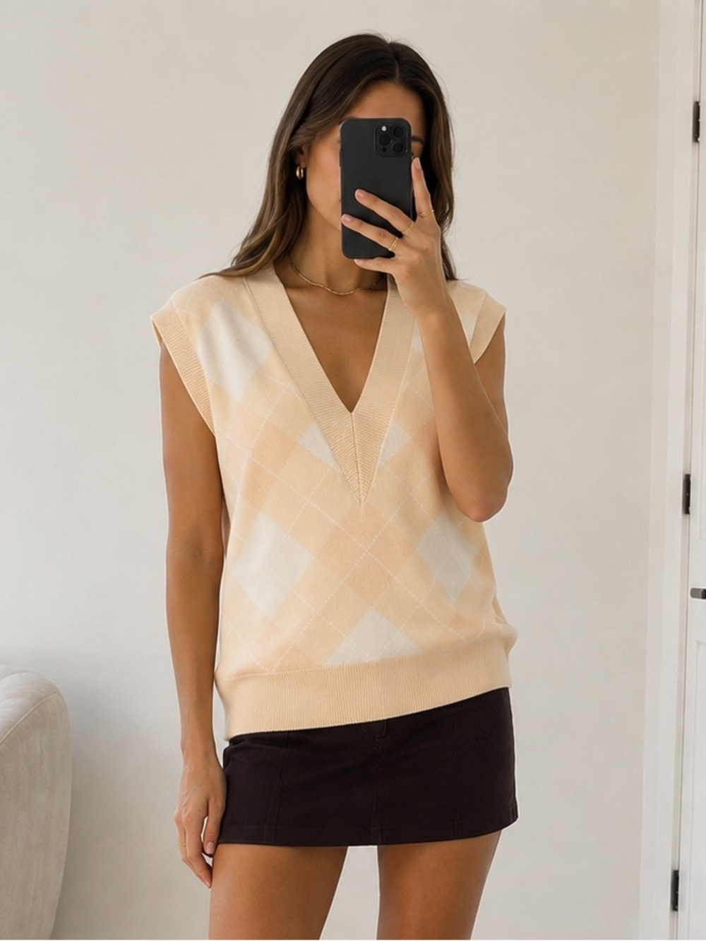 Sandro Paris Beige Argyle Knit Sweater Vest Sleeveless Pullover New w/ Tag xs